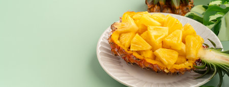 Juicy pineapple chunks arranged in a halved pineapple bowl with tropical leaves in the background.の写真素材