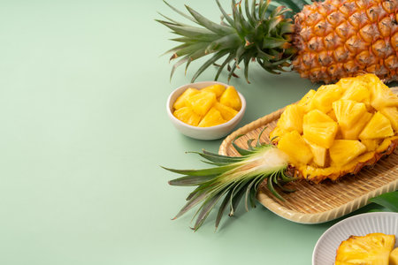 Juicy pineapple chunks arranged in a halved pineapple bowl with tropical leaves in the background.の写真素材