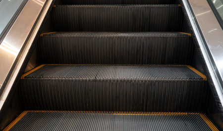 A clean metal escalator viewed from below, showing repeating steps in a modern interior.