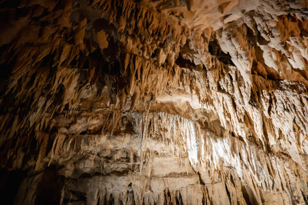 Natural stalactites and stalagmites speleothems in limestone cave with illuminated lighting.の写真素材