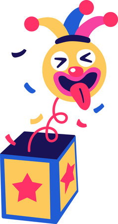 Cute vector illustration of a clown head popping out of a star box with colorful confetti.のイラスト素材