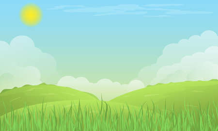Vector scene with hills, clouds, grass, sun.のイラスト素材