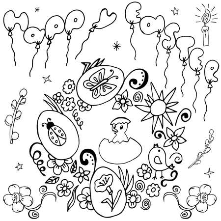 Happy Easter Hand Drawing Banner with Handwritten Letters. Ideal Sketch Card for Spring Celebration with Holiday Icons. Invitation Poster with Festive Drawn Doodles Elements. Vector Illustration.のイラスト素材
