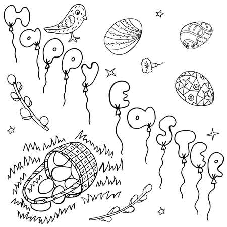 Happy Easter Hand Drawing Banner with Handwritten Letters. Ideal Sketch Card for Spring Celebration with Holiday Symbols. Invitation Poster with Festive Drawn Doodles Elements. Vector Illustration.のイラスト素材