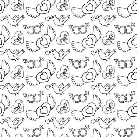 Unusual Hand Drawing Doodled Pattern with Romantic Icons. Hand-drawn Vector Illustration. Ideal Seamless Sketch Background for Happy Valentine's Day, Celebration Event, Print, Wallpaper, Wrapping.のイラスト素材