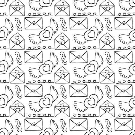 Unusual Hand Drawing Doodled Pattern with Romantic Icons. Hand-drawn Vector Illustration. Ideal Seamless Sketch Background for Happy Valentine's Day, Celebration Event, Print, Wallpaper, Wrapping.のイラスト素材