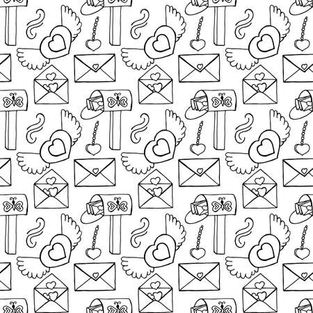 Unusual Hand Drawing Doodled Pattern with Romantic Icons. Hand-drawn Vector Illustration. Ideal Seamless Sketch Background for Happy Valentine's Day, Celebration Event, Print, Wallpaper, Wrapping.のイラスト素材