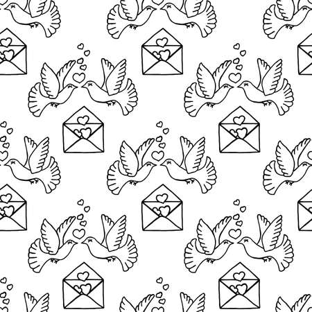 Unusual Hand Drawing Doodled Pattern with Romantic Carrier Pigeon. Hand-drawn Vector Illustration. Ideal Seamless Sketch Background for Happy Valentine's Day, Celebration Event, Print, Wrapping.のイラスト素材