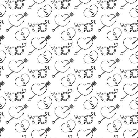 Unusual Hand Drawing Doodled Pattern with Holiday Romantic Hearts. Hand-drawn Vector Illustration. Ideal Seamless Sketch Background for Happy Valentine's Day, Celebration Event, Print, Wrapping.のイラスト素材