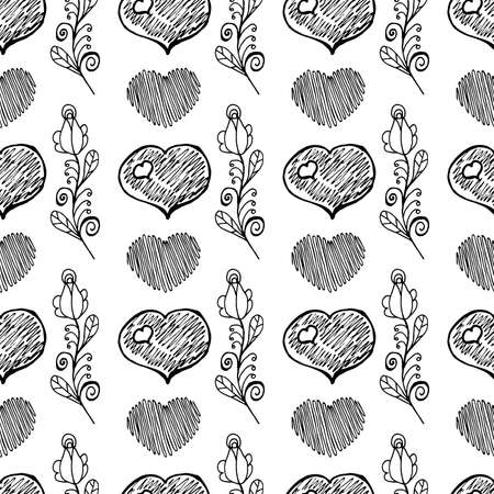 Hand Drawing Doodled Pattern with Romantic Hearts. Hand-drawn Vector Illustration. Ideal Seamless Sketch Background for Happy Valentine's Day, Celebration Event, Print, Wallpaper, Wrapping.のイラスト素材