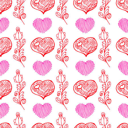 Unusual Hand Drawing Doodled Pattern with Romantic Hearts. Hand-drawn Vector Illustration. Ideal Seamless Sketch Background for Happy Valentine's Day, Celebration Event, Print, Wallpaper, Wrapping.のイラスト素材