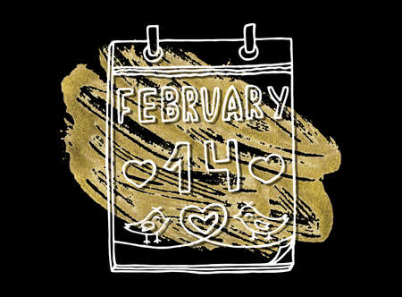 Celebration Card with Acrylic Stain and February 14 inscription. Ideal Design Vector Illustration: Decoration Hand-Drawn Doodles with Golden Paint for Festive Banners, Posters, Placards, Brochures.のイラスト素材