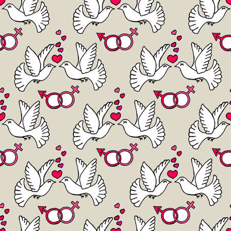Unusual Hand Drawing Doodled Pattern with Romantic Birds. Hand-drawn Vector Illustration. Ideal Seamless Sketch Background for Happy Valentine's Day, Celebration Event, Print, Wallpaper, Wrapping.のイラスト素材