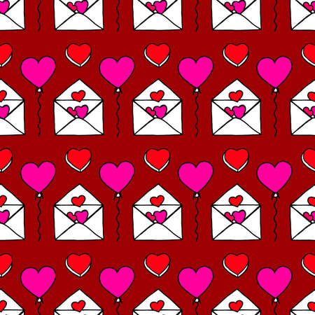 Love letters. Ideal Hand Drawn pattern with doodles elements for your Holiday design: print, wallpaper, wrapping. Hand-Drawing sketch. Romantic Mail. Valentine's Day. Vector illustration.のイラスト素材