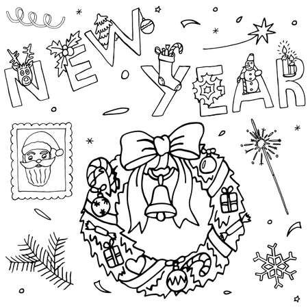 Hand drawn New Year and Christmas set. Celebration drawing collection with event icons and hand written text. Sketch for greeting design.のイラスト素材