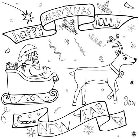 Santa Claus on a sleigh hand drawn set. Christmas and New Year doodle kit with hand drawn icons and hand written text. Cute Sketch for season greeting.のイラスト素材