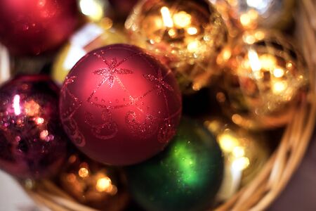 Christmas baubles or balls , close up, festive blurred backgroundの写真素材