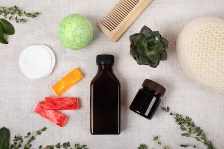 Spa cosmetic products, no lo, flat lay on canvas backgroundの写真素材