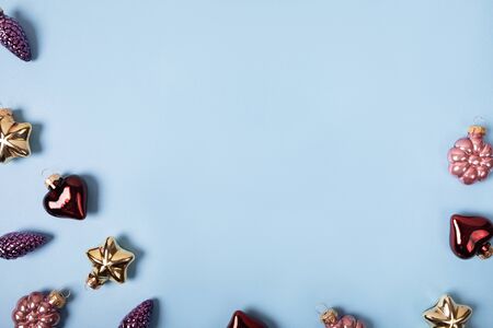 Christmas decoration on blue background, festive frameの写真素材