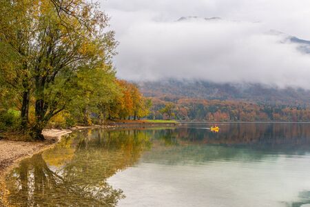 Yellow autumn trees reflects in lake Bohinj on a beautiful day. Tourists go for a canoe trip. Travelers kayak towards the shoreの写真素材