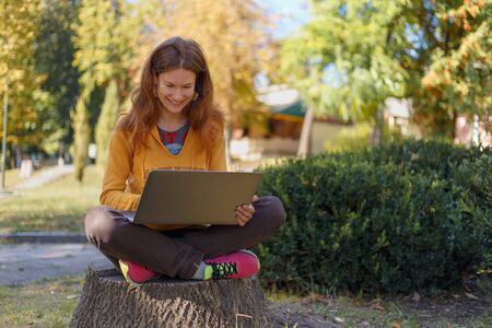 Young smiling girl using laptop for freelance work while sitting outdoors, on stump in autumn park, Female student studying at park on sunny day, dream job, bloggerの写真素材