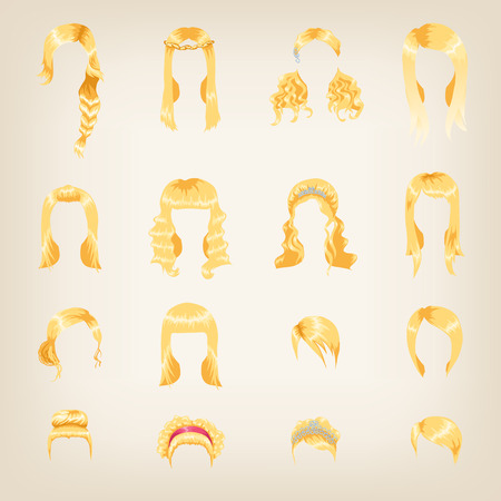 Set of sixteen different blond hairstyles for womenのイラスト素材