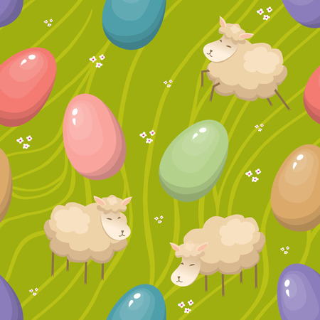 Cute seamless background with Easter Eggs and lambsのイラスト素材