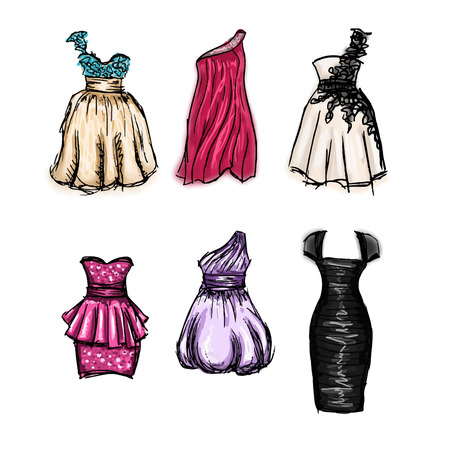 Vector set of gorgeous hand drawn evening and prom dressesのイラスト素材
