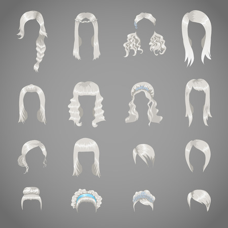 Set of sixteen different gray hairstyles for womenのイラスト素材