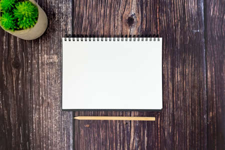 An open blank, spiral binder sketchbook and a wooden pencil on wood table, decorate with a plant.の写真素材