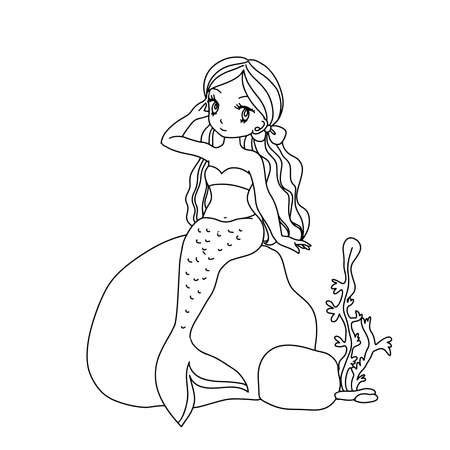 Cute line art mermaid colouring page for happy kids do activity.のイラスト素材