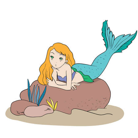 Cute line art cartoon for kids, mermaid lay on the rock.のイラスト素材