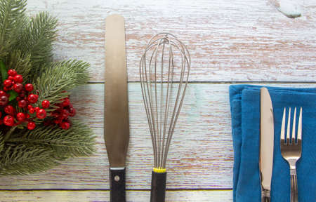 Kitchen utensil on vintage wooden table for celebrate Christmas dinner or party concept.