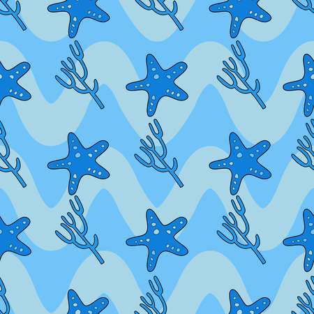 Cute ocean elements, seamless pattern on horizontal blue wave backgroundのイラスト素材