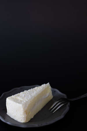 Sliced of coconut cake on dish with fork, dark moody concept, on dark background with copy space.の写真素材