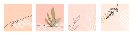 Set of 4 square abstract background for social media post. Pastel theme with minimal black monoline.のイラスト素材