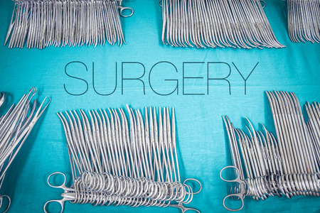 Sterile surgical instruments on the tableの写真素材