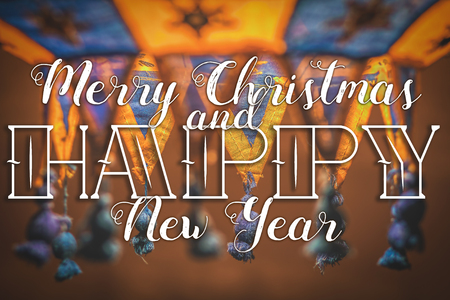 Merry Christmas and Cozy New Year congratulation on cozy festive backgroundの写真素材