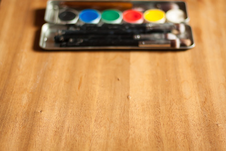 Professional cosmetic. Aqua make up in metal pallet. Usable expensive makeup brushes.の写真素材