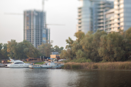 Jetty on the Gulf of the Dnipro river. Natural optical tilt shift photo.の写真素材