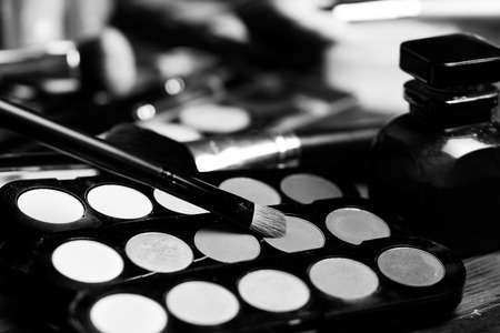 Professional visagiste workspace. Eyeshadow nude palettes. Work processの写真素材