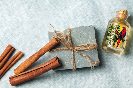 Organic handmade soap on blue linen clothの写真素材