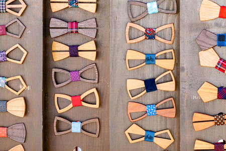 A lot of wooden bow ties. Market Showcaseの写真素材