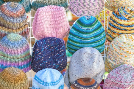 A lot of knitted hats. Market Showcaseの写真素材
