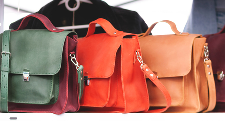 Three Women's Leather Handbags on direct sunlightの写真素材