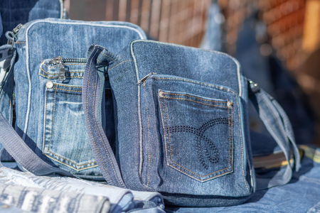 Blue denim bags with a pocketの写真素材