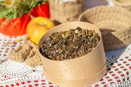 Natural herbal tea in a wooden box.の写真素材