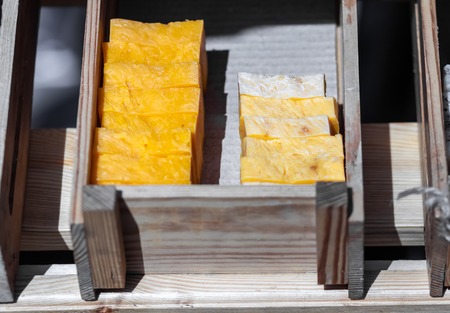 Handmade soap in wooden tray