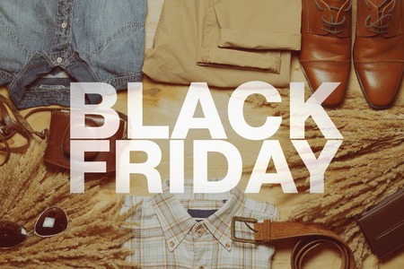 Black friday poster. Casual fashionable stuff on the background.の写真素材