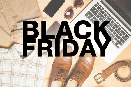 Black friday poster. Casual fashionable stuff on a background.の写真素材